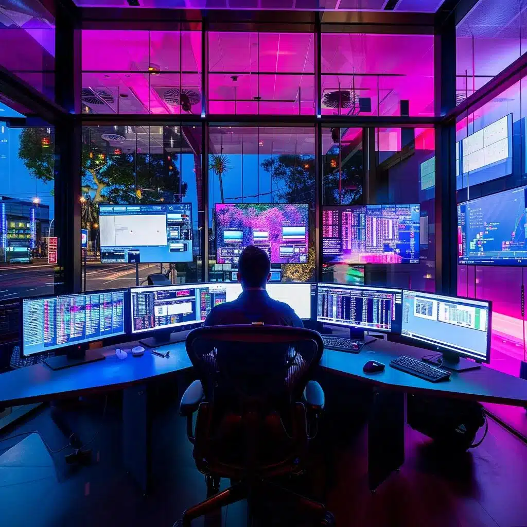 a high-tech office environment showcases a confident cybersecurity expert analyzing complex data streams on multiple screens, illuminated by vibrant led lights, symbolizing the proactive approach of geeks brisbane in preventing data breaches.