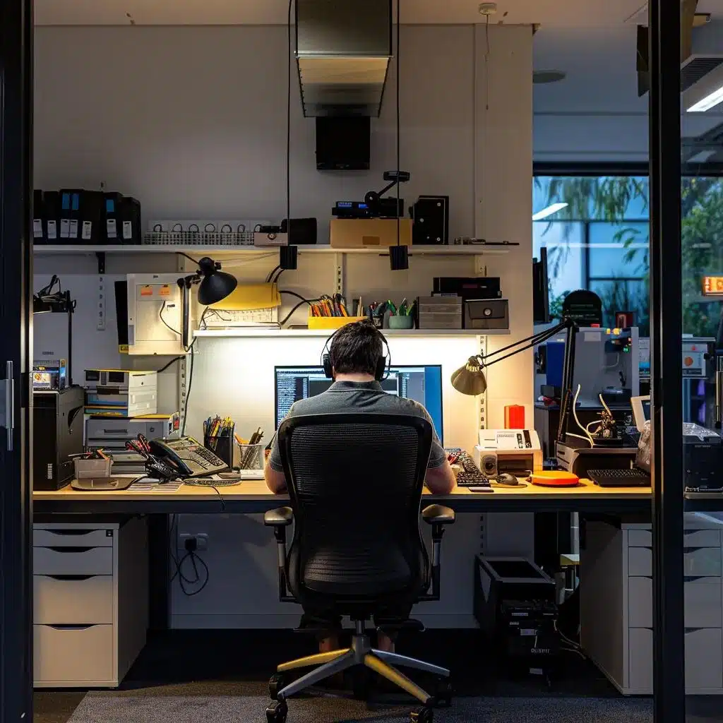 a modern, stylish office space in brisbane, showcasing a friendly technician confidently diagnosing a sleek desktop computer with tools and repair equipment artfully arranged on a clutter-free workbench, illuminated by bright, focused overhead lighting.