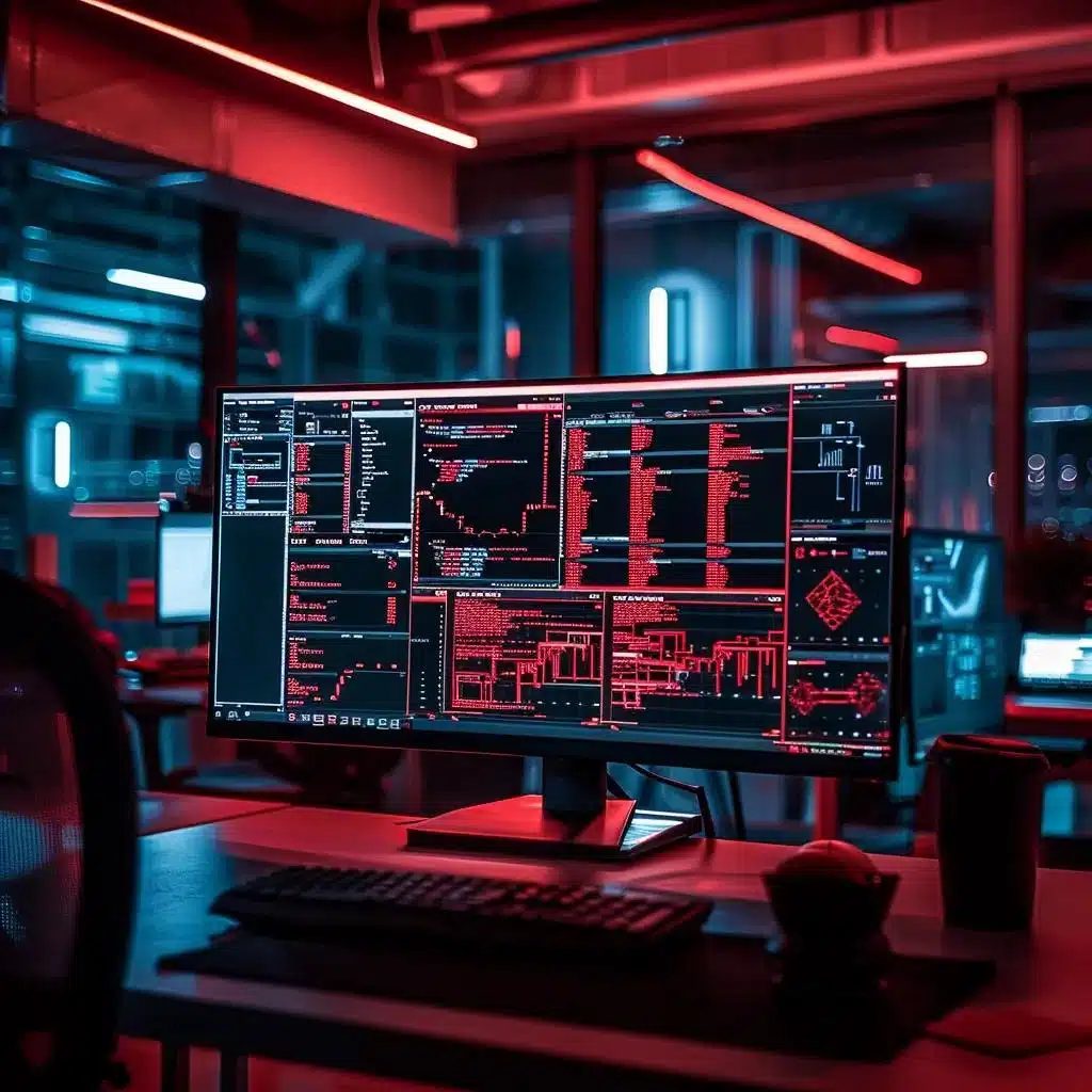 a sleek, dimly lit office space showcases a large monitor displaying a complex digital security interface, with data breaches highlighted in red, emphasizing the urgent battle against cybersecurity threats in brisbane.