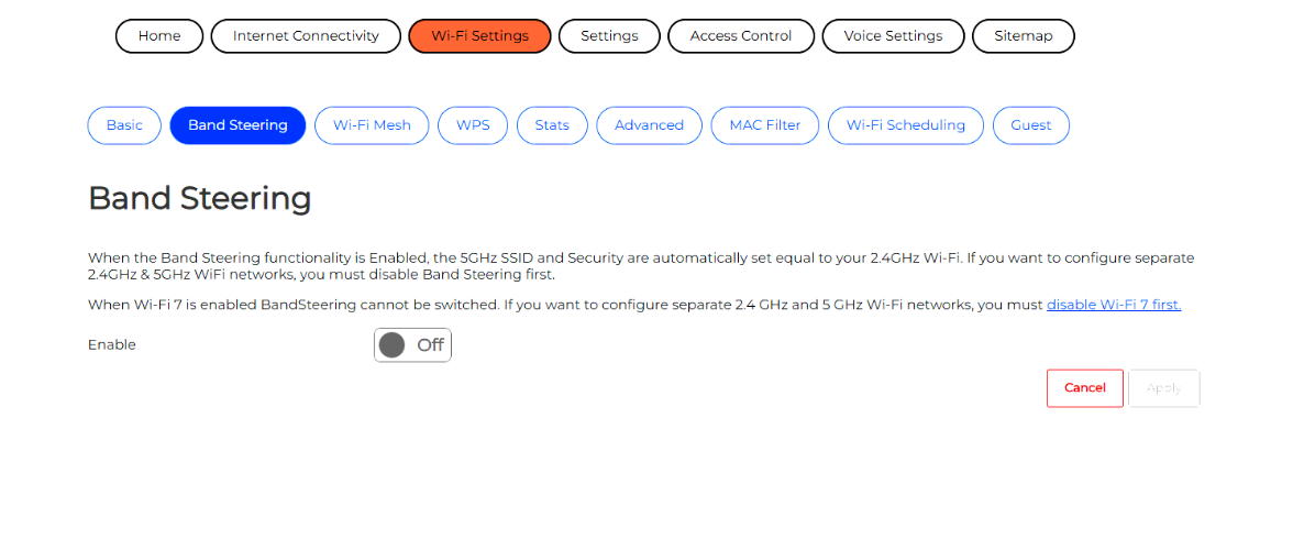 Band Steering page with Enable switched off