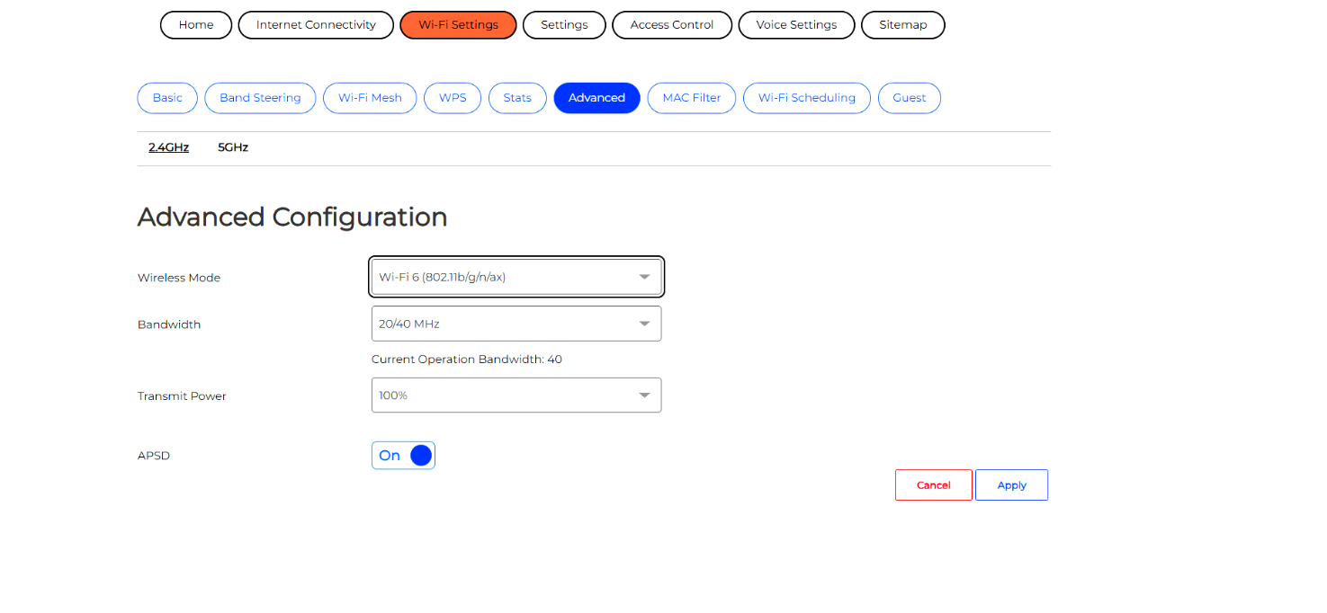 Wi-Fi Advanced Configuration with Wireless Mode set to Wi-Fi 6