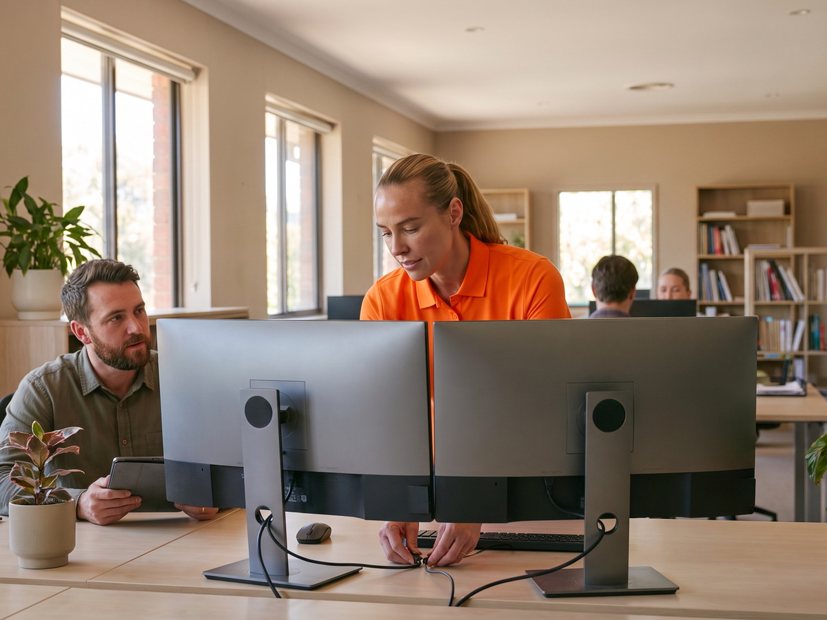 Contact Us 1 Technician setting up a dual-monitor workstation in an open-plan office