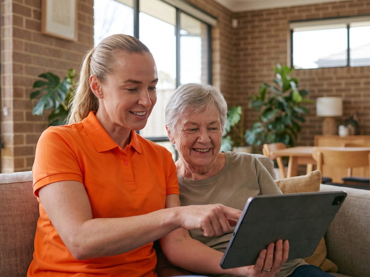 Why Choose Us 1 Technician patiently showing an older customer how to use a tablet