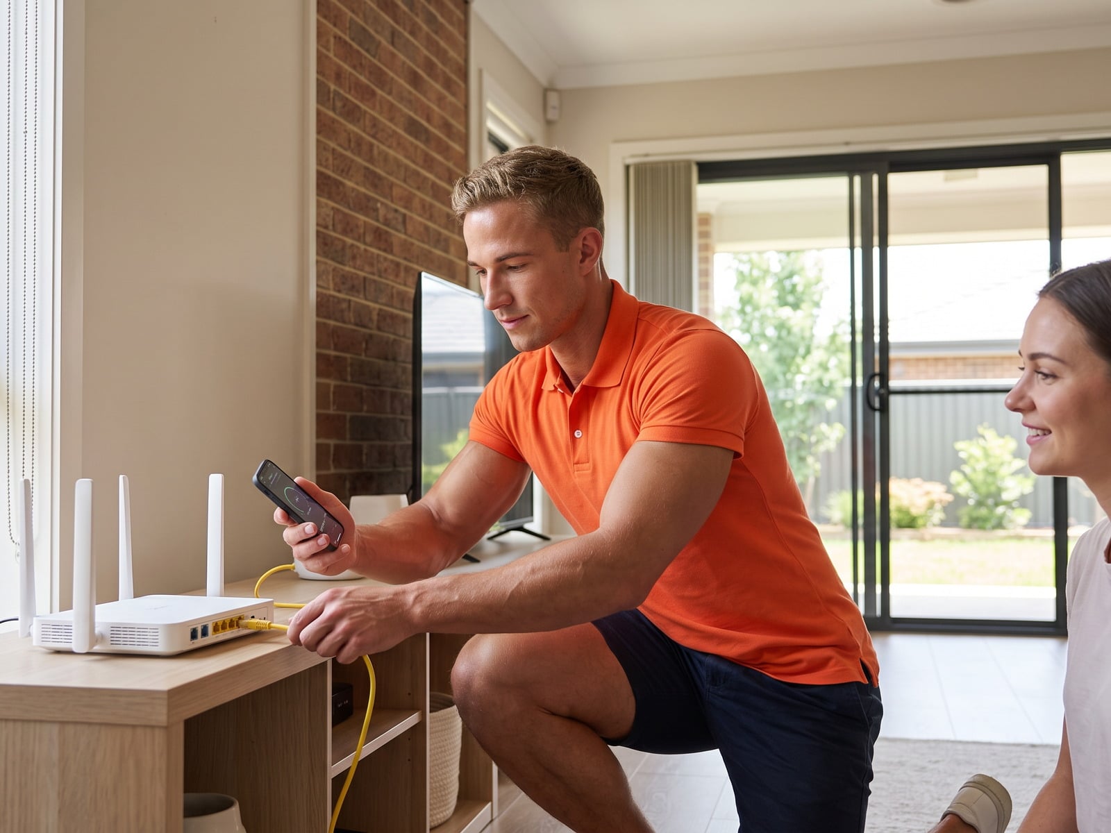 WiFi and Network Setup in Canberra 1 Technician installing and cabling a Wi-Fi router in a customer's home